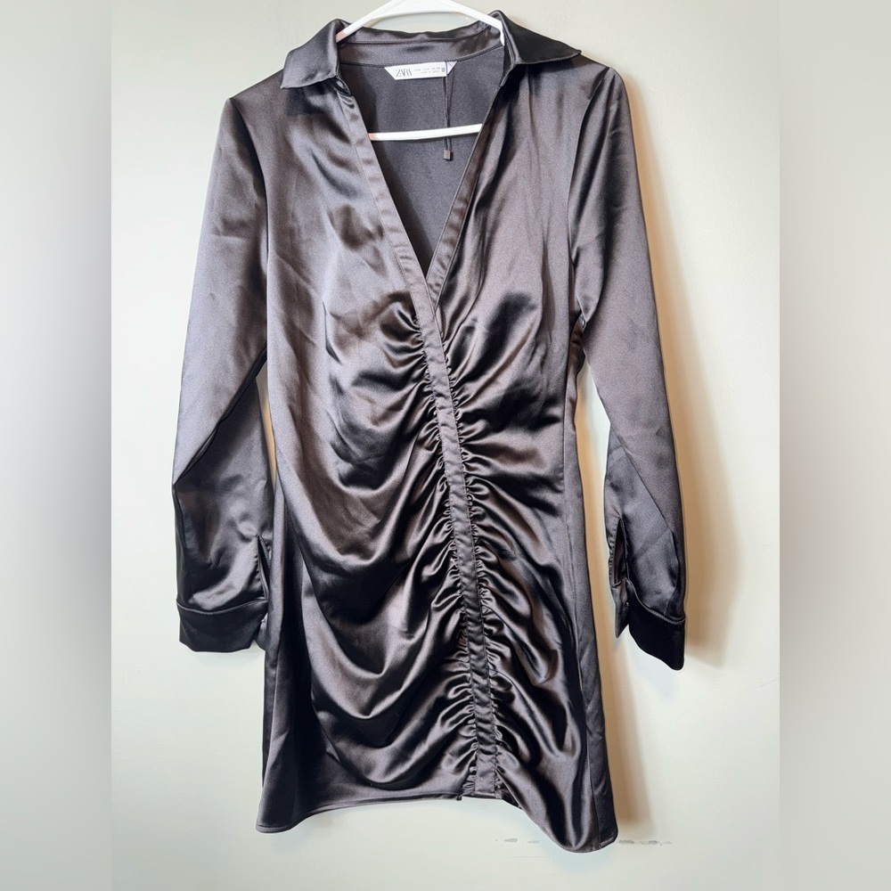 Zara Women’s Satin Effect Black Long Sleeve Midi Dress Size Medium